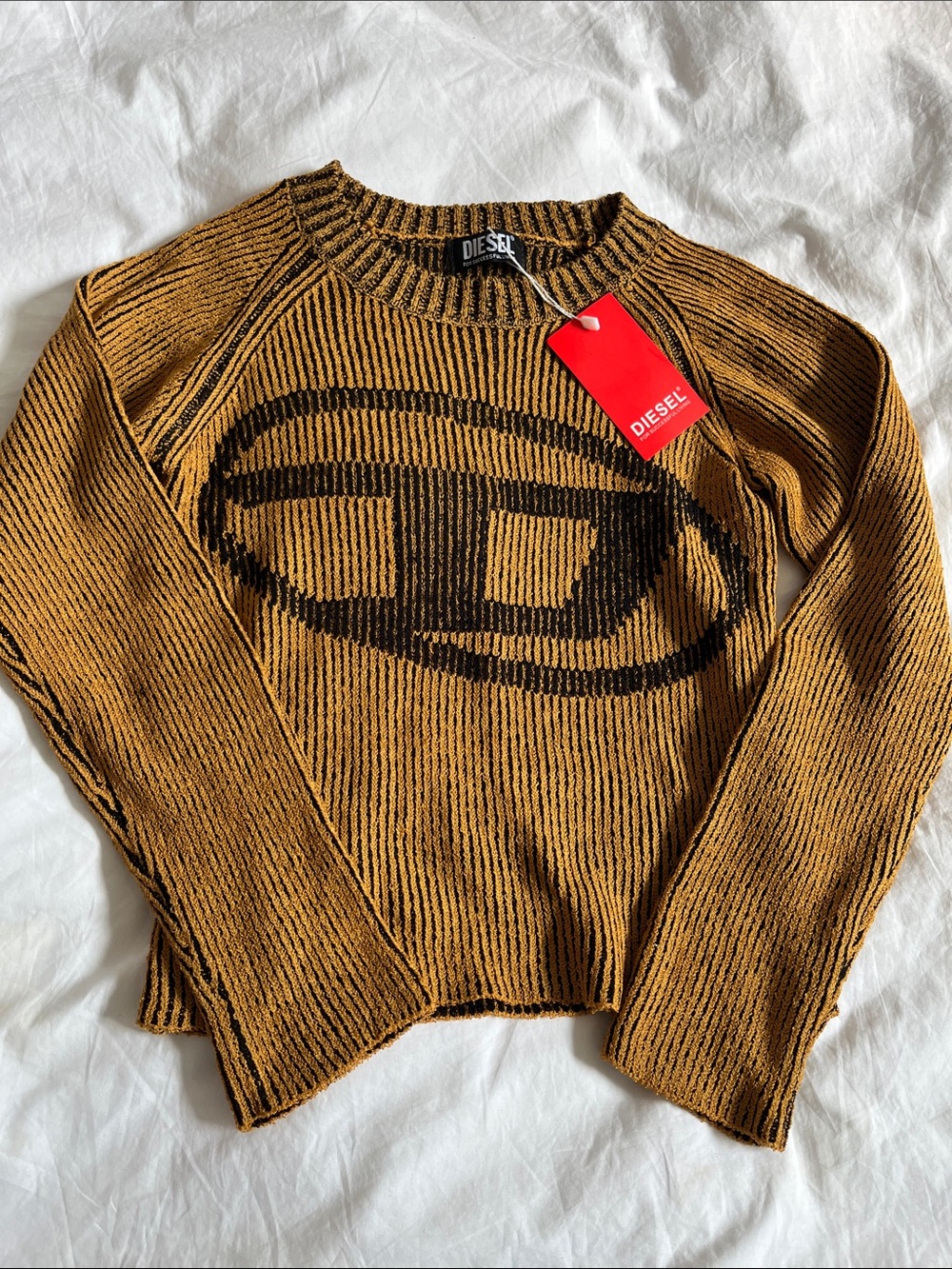 NWT Diesel 100% cotton 2 tone rib knit yellow black tight fitting sweater